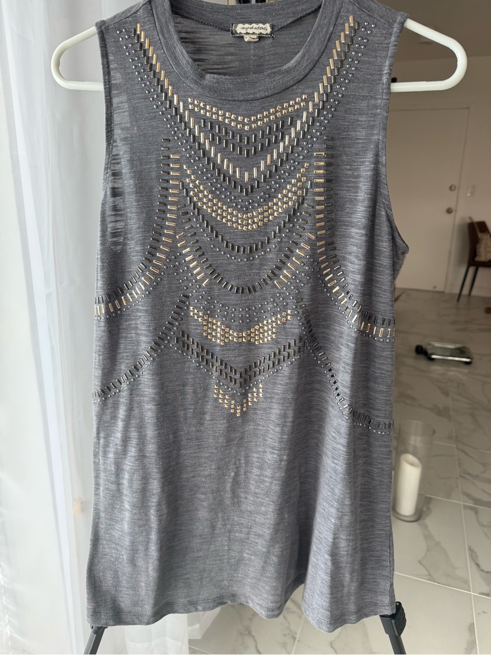 Eyeshadow Gray Metallic Studded Embellished Tank Top Sz L Sleeveless Rock Glam
